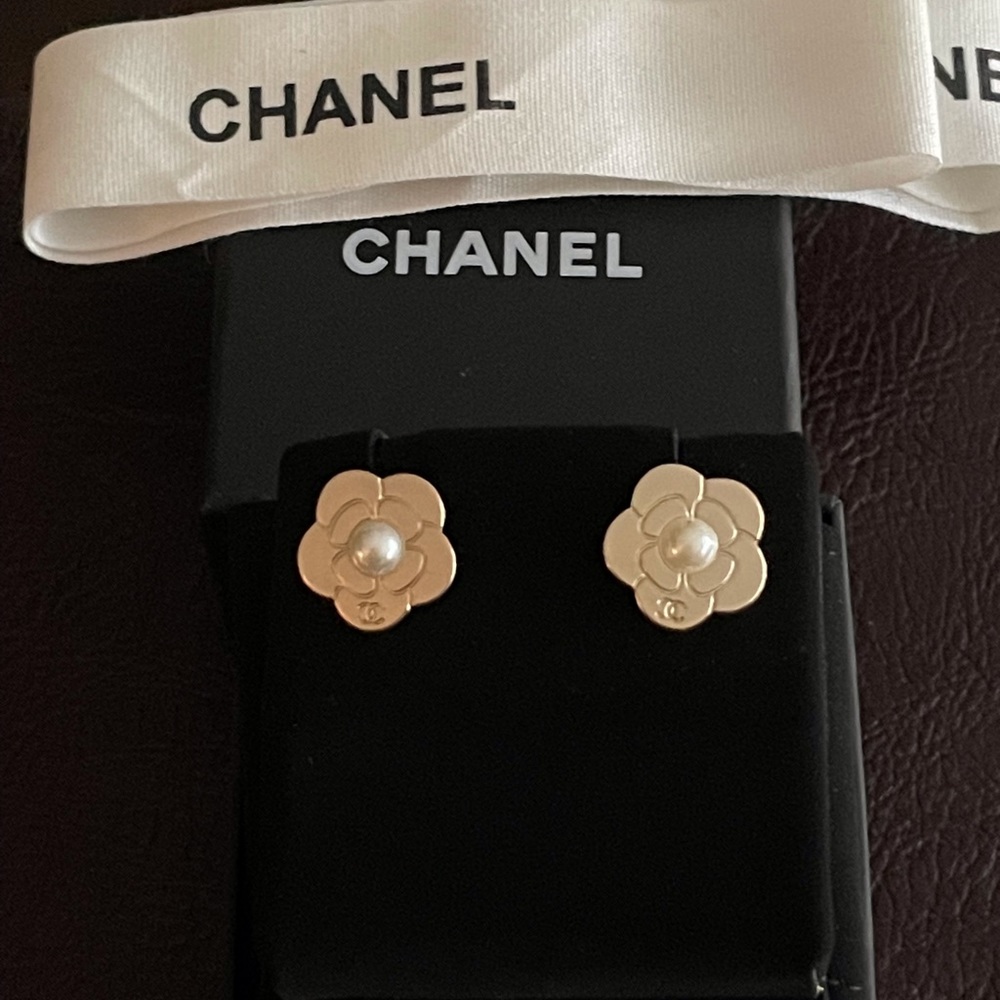 Chanel Pearl Camellia CC Stud Earrings